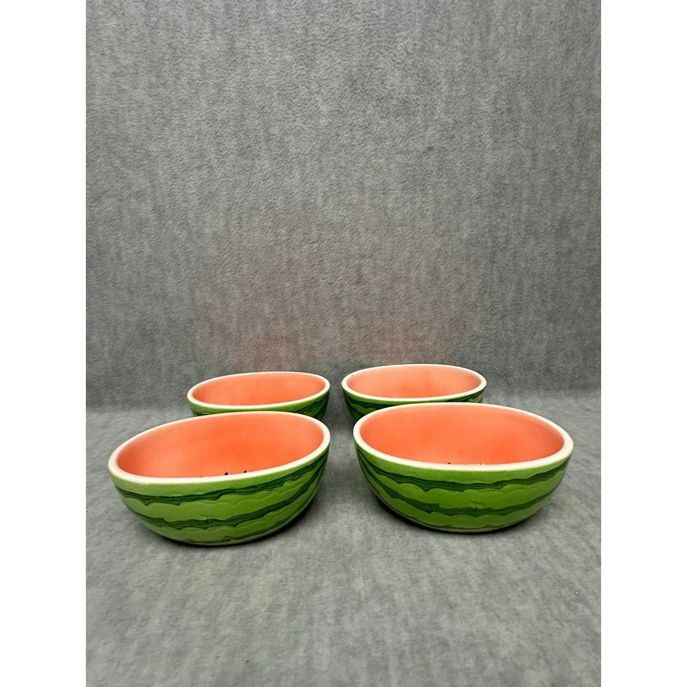 Vintage Watermelon Ceramic Bowls Green Pink Set of 4 Oval Fruit‎ Design Japan